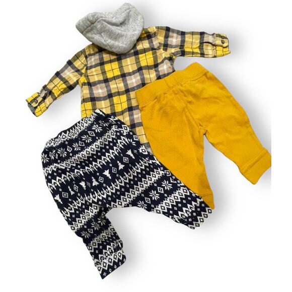 Lot Carters | Old Navy 3 Piece Outfit Flannel Hoodie 2 Pants Mustard Navy 3-6 mo - Picture 2 of 3